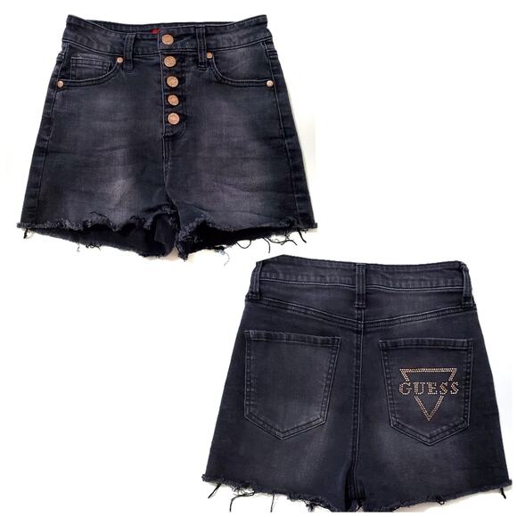 Guess | High Waist Distressed Button Up Shorts with Rhinestone Logo on Back - Picture 1 of 9